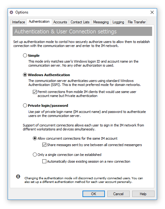 Specify the authentication mode