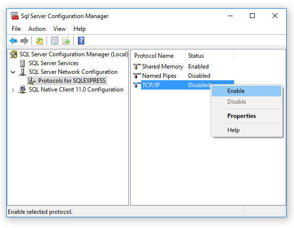 Enable TCP/IP protocol on the SQL server